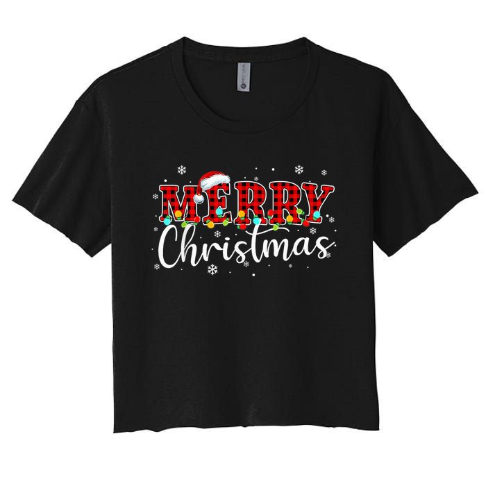 Merry Christmas Buffalo Plaid Red Santa Family Xmas Pajamas Women's Crop Top Tee