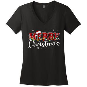 Merry Christmas Buffalo Plaid Red Santa Family Xmas Pajamas Women's V-Neck T-Shirt