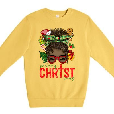 Merry Christmas Black Messy Bun Christmas Christian Gift Premium Crewneck Sweatshirt