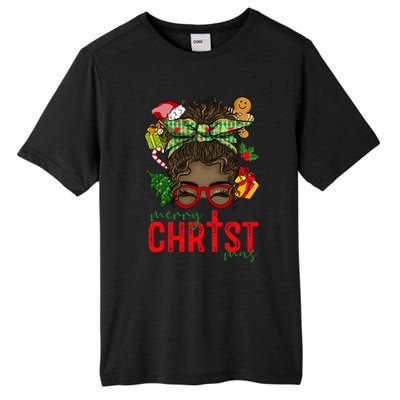 Merry Christmas Black Messy Bun Christmas Christian Gift Tall Fusion ChromaSoft Performance T-Shirt