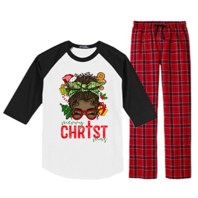 Merry Christmas Black Messy Bun Christmas Christian Gift Raglan Sleeve Pajama Set