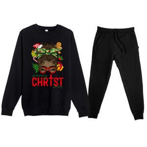 Merry Christmas Black Messy Bun Christmas Christian Gift Premium Crewneck Sweatsuit Set