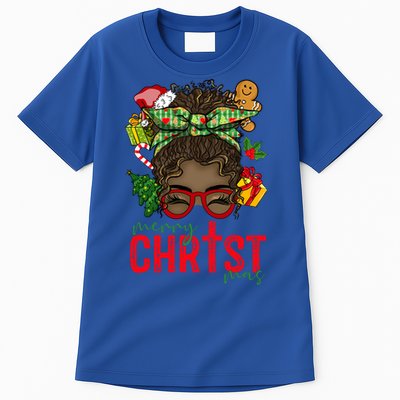 Merry Christmas Black Messy Bun Christmas Christian Gift Tall T-Shirt