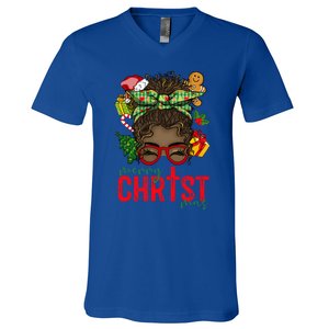 Merry Christmas Black Messy Bun Christmas Christian Gift V-Neck T-Shirt