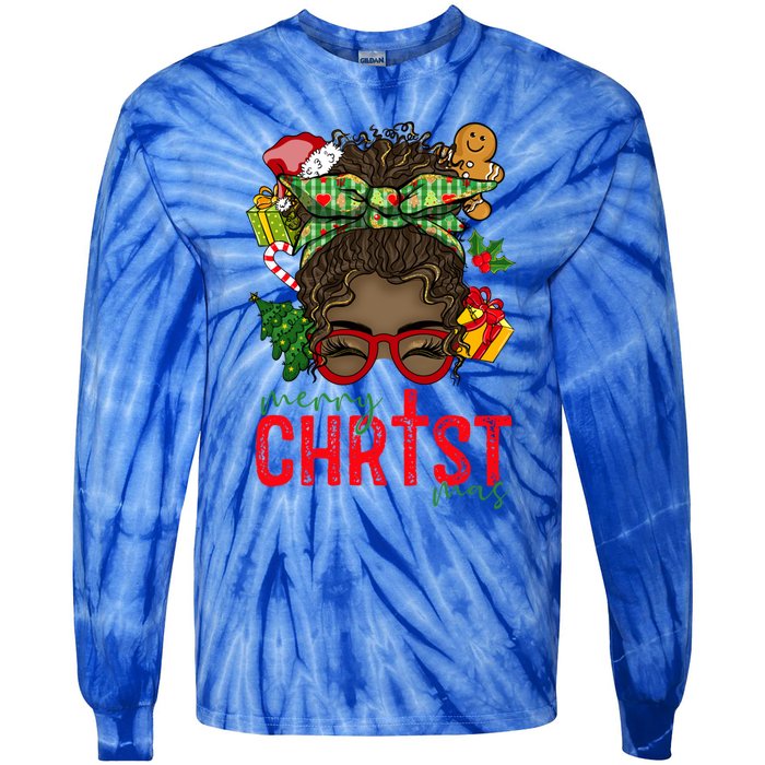 Merry Christmas Black Messy Bun Christmas Christian Gift Tie-Dye Long Sleeve Shirt