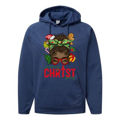 Merry Christmas Black Messy Bun Christmas Christian Gift Performance Fleece Hoodie