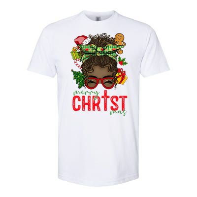 Merry Christmas Black Messy Bun Christmas Christian Gift Softstyle CVC T-Shirt