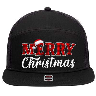 Merry Christmas Buffalo Plaid Red Santa Hat Xmas Pajamas 7 Panel Mesh Trucker Snapback Hat