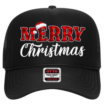 Merry Christmas Buffalo Plaid Red Santa Hat Xmas Pajamas High Crown Mesh Back Trucker Hat