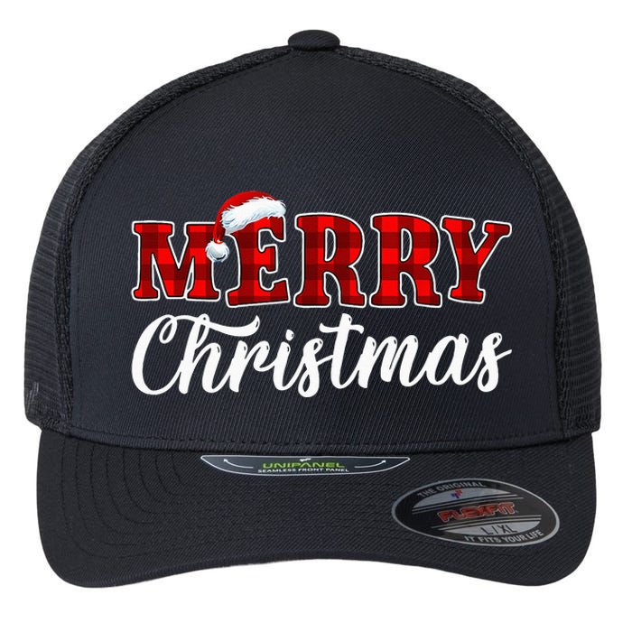 Merry Christmas Buffalo Plaid Red Santa Hat Xmas Pajamas Flexfit Unipanel Trucker Cap