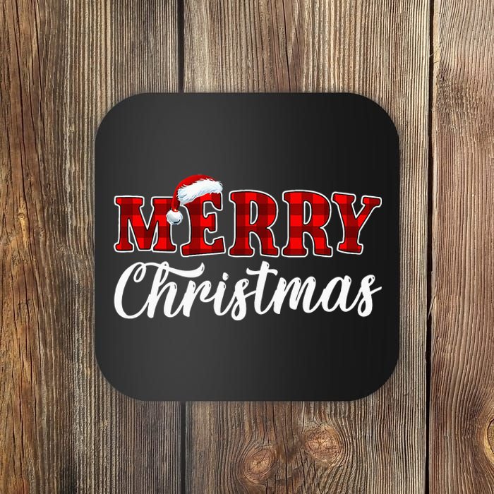 Merry Christmas Buffalo Plaid Red Santa Hat Xmas Pajamas Coaster