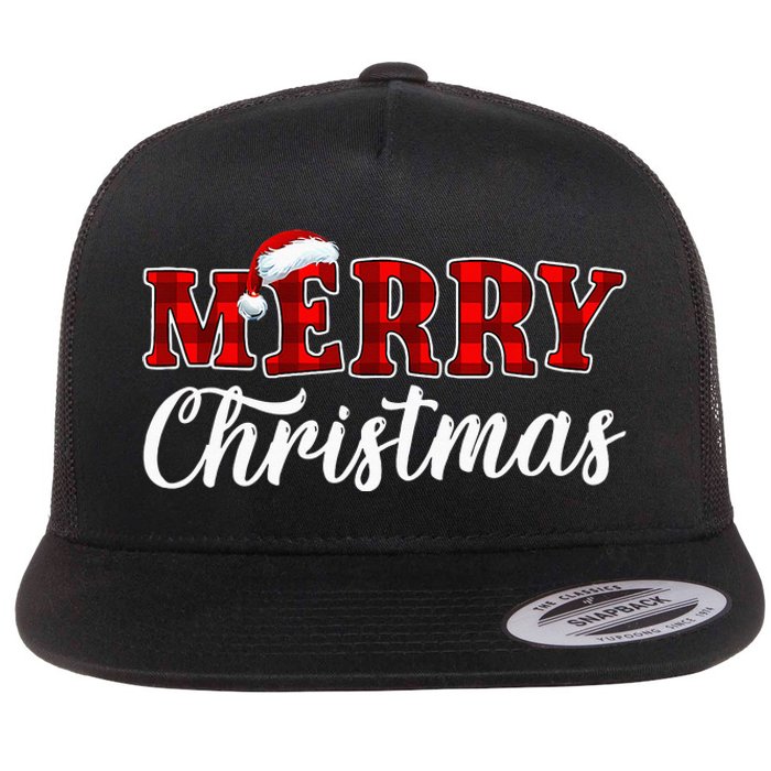 Merry Christmas Buffalo Plaid Red Santa Hat Xmas Pajamas Flat Bill Trucker Hat