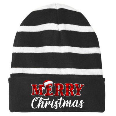 Merry Christmas Buffalo Plaid Red Santa Hat Xmas Pajamas Striped Beanie with Solid Band