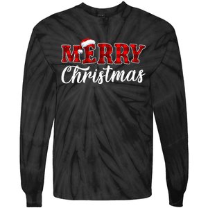 Merry Christmas Buffalo Plaid Red Santa Hat Xmas Pajamas Tie-Dye Long Sleeve Shirt