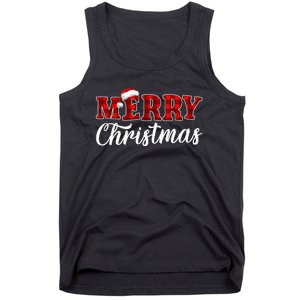 Merry Christmas Buffalo Plaid Red Santa Hat Xmas Pajamas Tank Top