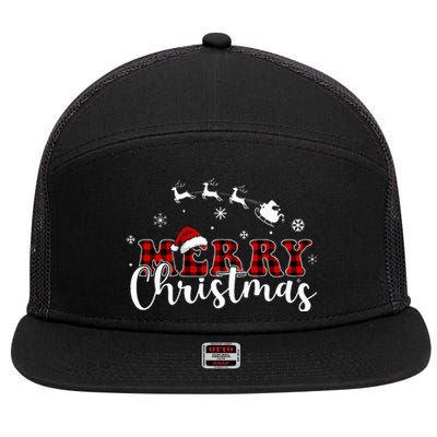 Merry Christmas Buffalo Plaid Red Santa Hat Xmas Pajamas  7 Panel Mesh Trucker Snapback Hat