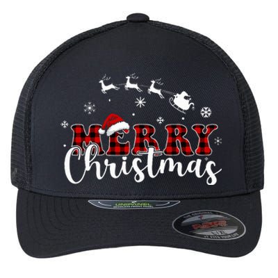 Merry Christmas Buffalo Plaid Red Santa Hat Xmas Pajamas  Flexfit Unipanel Trucker Cap