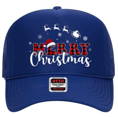 Merry Christmas Buffalo Plaid Red Santa Hat Xmas Pajamas  High Crown Mesh Back Trucker Hat