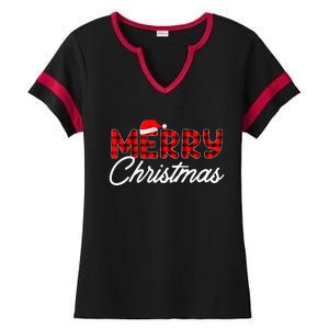 Merry Christmas Buffalo Plaid Red Santa Hat Xmas Pajamas  Ladies Halftime Notch Neck Tee