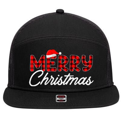 Merry Christmas Buffalo Plaid Red Santa Hat Xmas Pajamas  7 Panel Mesh Trucker Snapback Hat