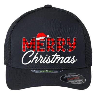 Merry Christmas Buffalo Plaid Red Santa Hat Xmas Pajamas  Flexfit Unipanel Trucker Cap