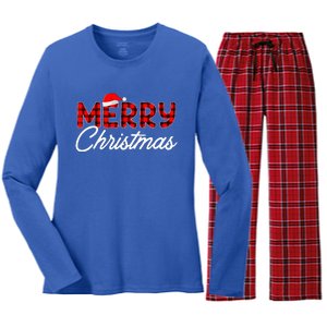 Merry Christmas Buffalo Plaid Red Santa Hat Xmas Pajamas  Women's Long Sleeve Flannel Pajama Set 