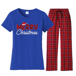 Merry Christmas Buffalo Plaid Red Santa Hat Xmas Pajamas  Women's Flannel Pajama Set