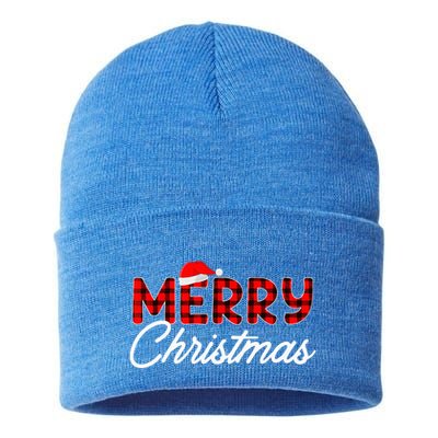 Merry Christmas Buffalo Plaid Red Santa Hat Xmas Pajamas  Sustainable Knit Beanie