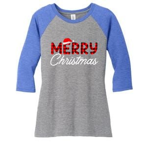 Merry Christmas Buffalo Plaid Red Santa Hat Xmas Pajamas  Women's Tri-Blend 3/4-Sleeve Raglan Shirt