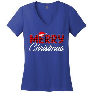 Merry Christmas Buffalo Plaid Red Santa Hat Xmas Pajamas  Women's V-Neck T-Shirt