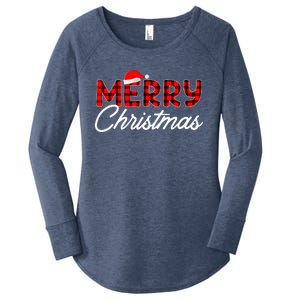 Merry Christmas Buffalo Plaid Red Santa Hat Xmas Pajamas  Women's Perfect Tri Tunic Long Sleeve Shirt