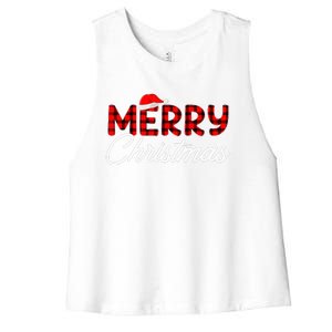 Merry Christmas Buffalo Plaid Red Santa Hat Xmas Pajamas  Women's Racerback Cropped Tank