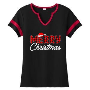 Merry Christmas Buffalo Plaid Red Santa Hat Pajama Ladies Halftime Notch Neck Tee