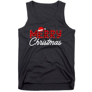 Merry Christmas Buffalo Plaid Red Santa Hat Pajama Tank Top