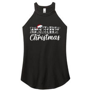 Merry Christmas Buffalo Plaid Black And White Santa Hat Xmas Women's Perfect Tri Rocker Tank