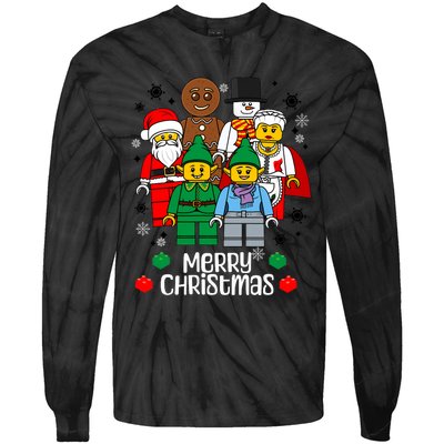 Merry Christmas Building Bricks Santa Elf Snowman Figures Tie-Dye Long Sleeve Shirt