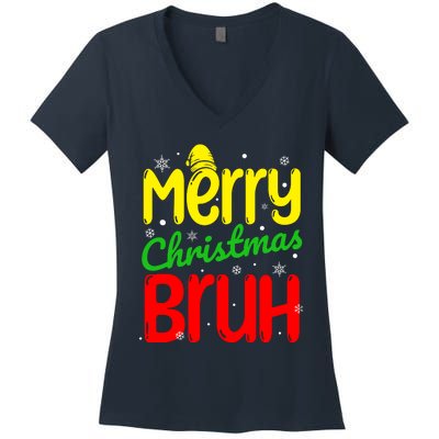 Merry Christmas Bruh Xmas Santa Claus Snow Flakes Boy Women's V-Neck T-Shirt