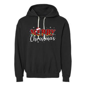 Merry Christmas Buffalo Plaid Red Santa Family Xmas Pajamas Garment-Dyed Fleece Hoodie