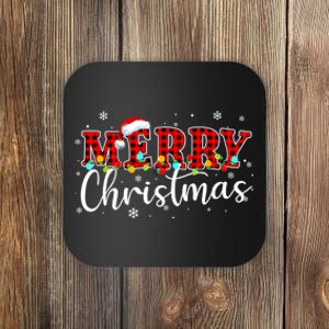 Merry Christmas Buffalo Plaid Red Santa Family Xmas Pajamas Coaster