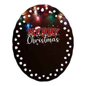 Merry Christmas Buffalo Plaid Red Santa Family Xmas Pajamas Ceramic Oval Ornament