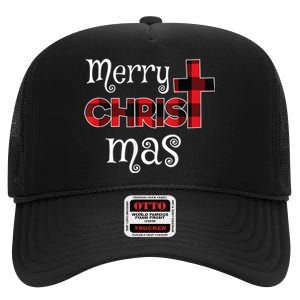 Merry Christmas Buffalo Plaid High Crown Mesh Back Trucker Hat