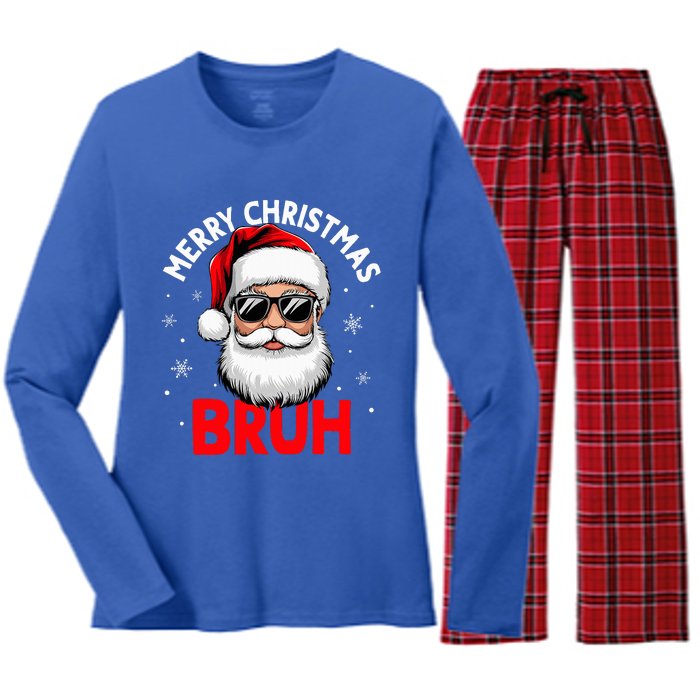 Merry Christmas Bruh Funny Santa Claus Women's Long Sleeve Flannel Pajama Set 