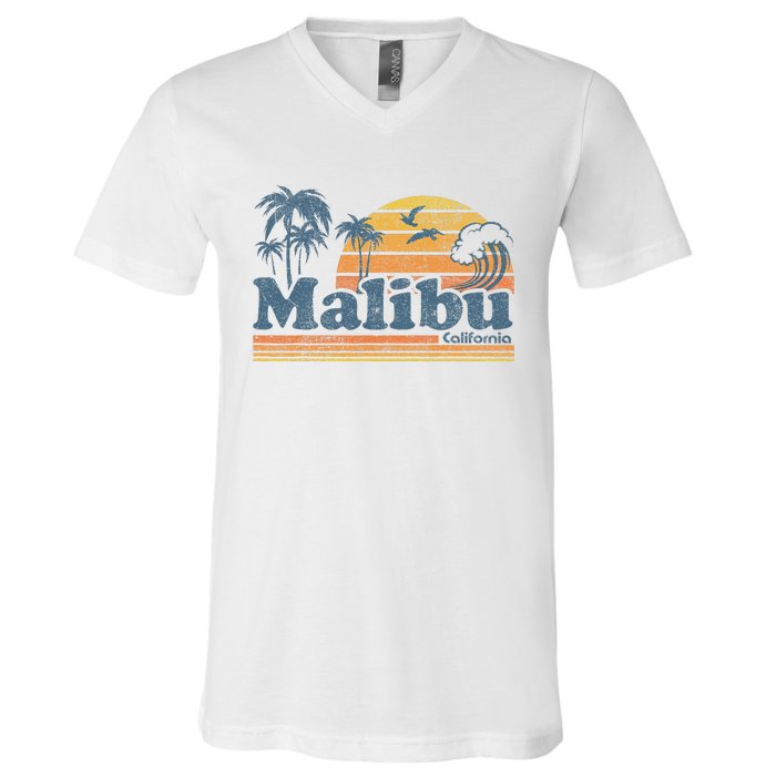 Malibu California Beach Vacation Cute Vintage Cali 70s Retro V-Neck T-Shirt