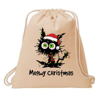 Meowy Christmas Black Cat Light Christmas Pajamas Funny Gift Drawstring Bag