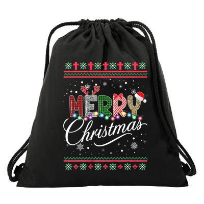 Merry Christmas Buffalo Plaid Red Santa Hat Xmas Pajamas Drawstring Bag