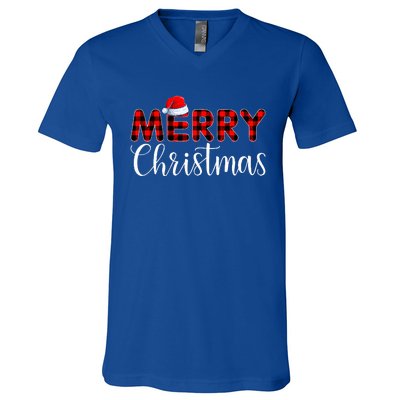 Merry Christmas Buffalo Plaid Red Santa Hat Pajama  V-Neck T-Shirt