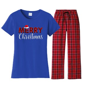 Merry Christmas Buffalo Plaid Red Santa Hat Pajama  Women's Flannel Pajama Set