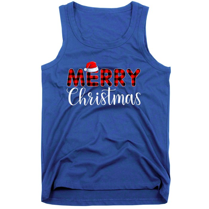 Merry Christmas Buffalo Plaid Red Santa Hat Pajama  Tank Top