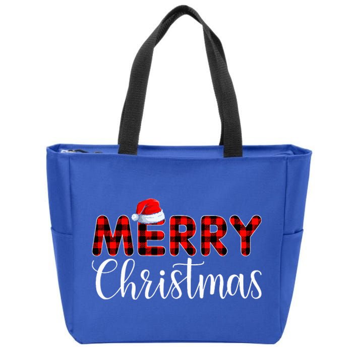 Merry Christmas Buffalo Plaid Red Santa Hat Pajama  Zip Tote Bag