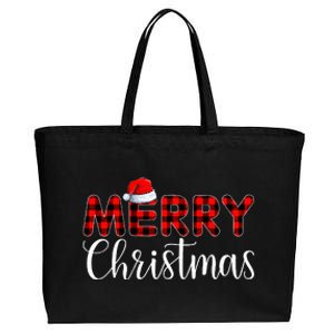 Merry Christmas Buffalo Plaid Red Santa Hat Pajama  Cotton Canvas Jumbo Tote